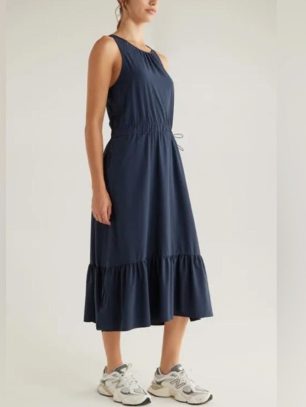 Share Zella Day Out Sleeveless Midi Dress Size M Navy Blue Drawstring Waist Athl